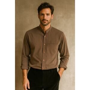 Elliott Men’s Long Sleeve Button Up Band Collar Shirt L Brown Career Academia